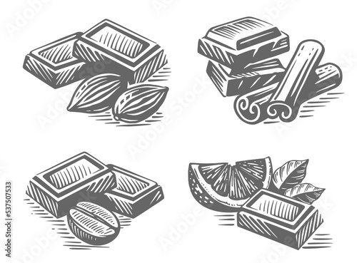 Chocolate bar with nuts cinnamon and orange. Vector vintage