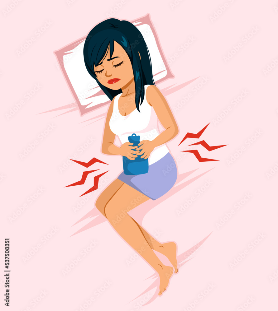 Top view illustration of young beautiful woman in painful expression holding her belly suffering menstrual period cramps lying sad on home bed. Female health concept Top view illustration of young beautiful woman in painful expression holding her belly suffering menstrual period cramps lying sad on home bed. Female health concept