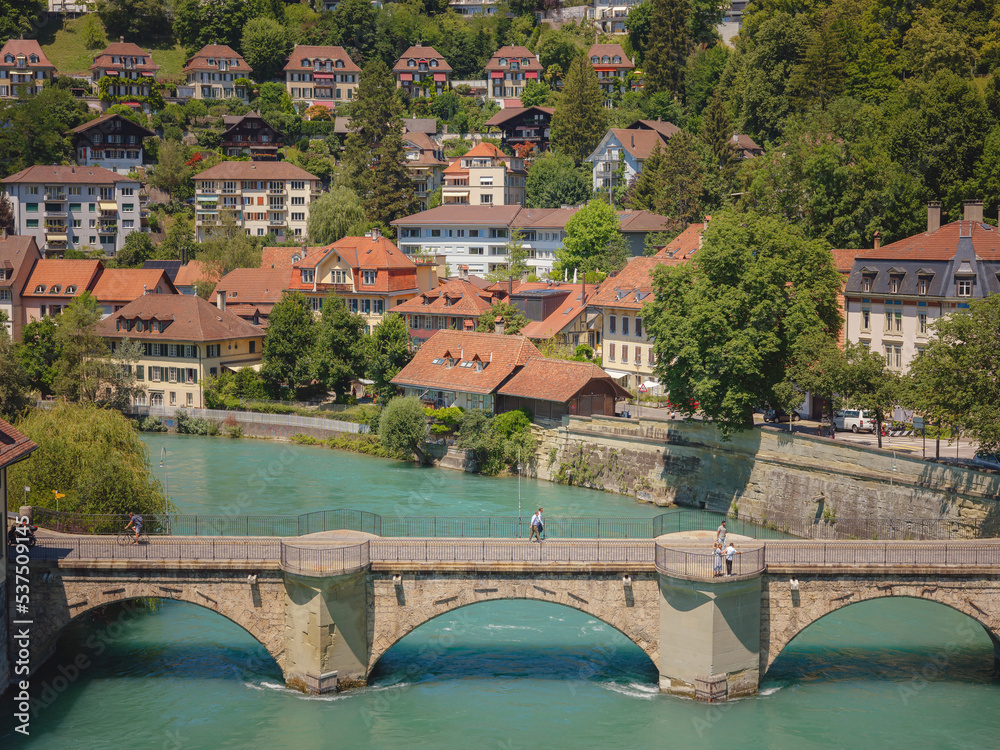 travel to Bern, Switzerland in summer. View of the river Aare. The old part of Bern is recognized as a UNESCO World Heritage Site