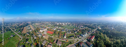 Obraz na płótnie mglisty jesienny poranek na przedmieściach Jastrzębia-Zdroju na Śląsku w Polsce, panorama z lotu ptaka w salonie