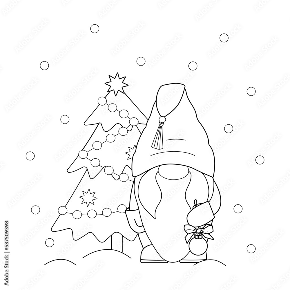Cute winter kids coloring page with gnome with Christmas tree. Black and white cartoon vector illustration with simple shapes