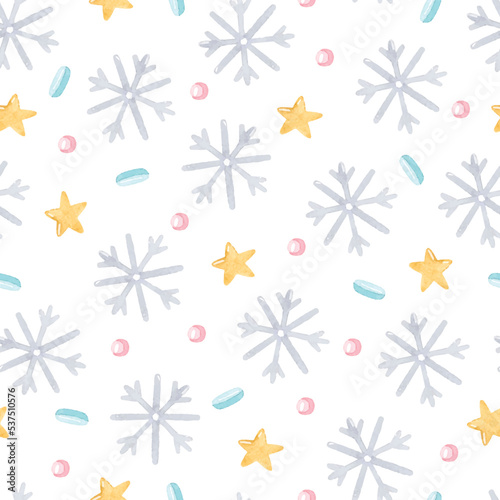 Snowflakes  stars and dots watercolor seamless pattern