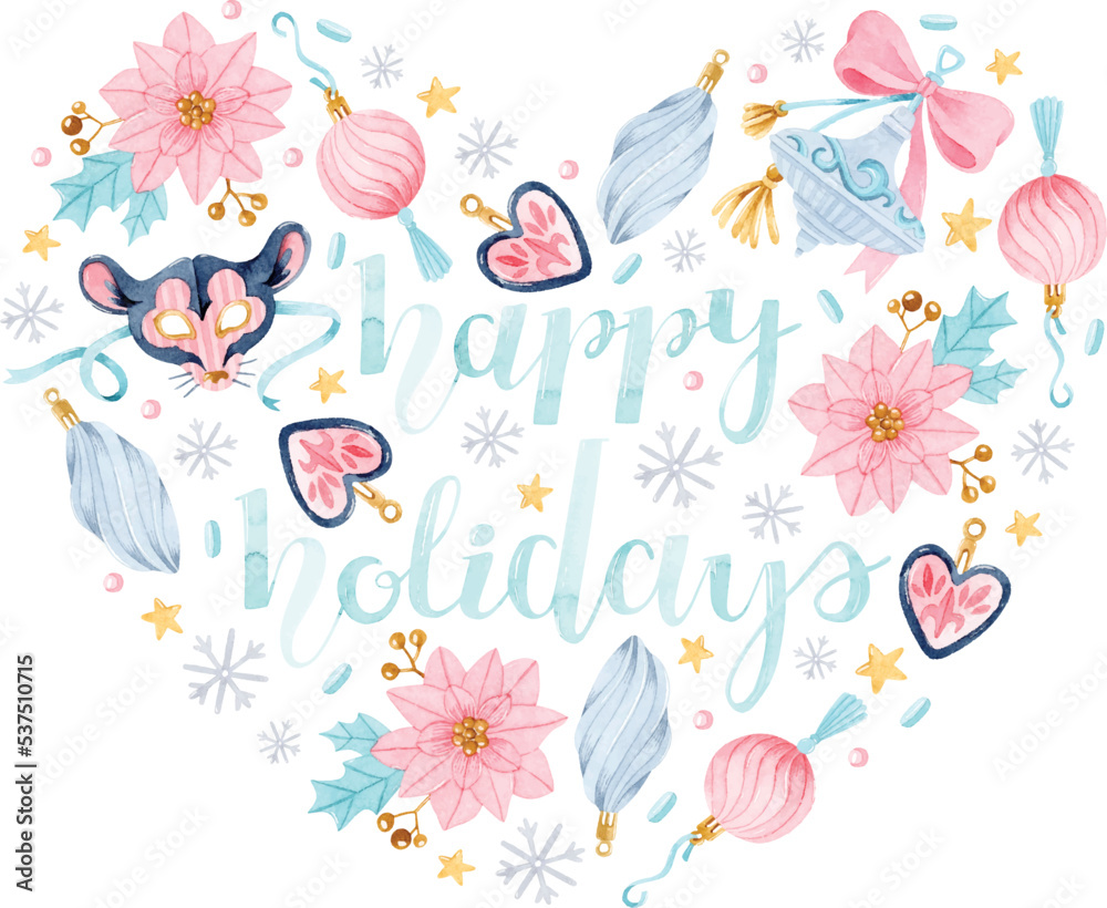 Happy holidays lettering, poinsettias and ornaments watercolor heart shaped illustration