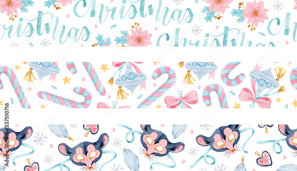 Watercolor Christmas seamless borders and banner set