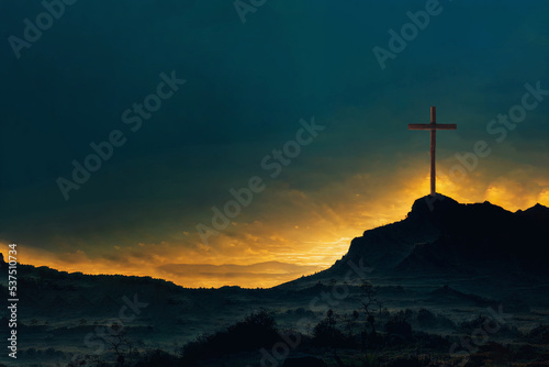 Shining cross on Calvary hill  sunrise  sunset sky background. Copy space. Ascension day concept. Christian Easter. Faith in Jesus Christ. Christianity. Church worship  salvation concept