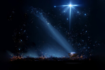 Nativity scene. Christian Christmas concept. Birth of Jesus Christ. Wooden manger in dark blue night. Banner, copy space. Jesus is reason for season. Salvation, Messiah, Emmanuel, God with us, hope