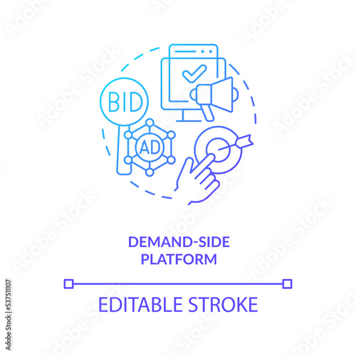 Demand-side platform blue gradient concept icon. Programmatic advertising. Digital marketing tool abstract idea thin line illustration. Isolated outline drawing. Myriad Pro-Bold fonts used photo