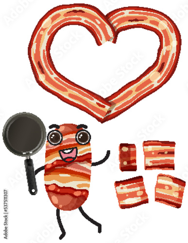 Bacon heart shaped with bacon cartoon character