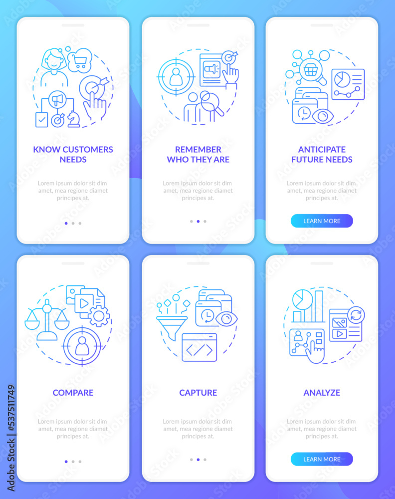 Research target audience blue gradient onboarding mobile app screen set ...