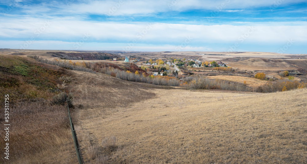 High angle view of the village of Rosebud in the Rosebud Valley in Alberta High angle view of the village of Rosebud in the Rosebud Valley in Alberta