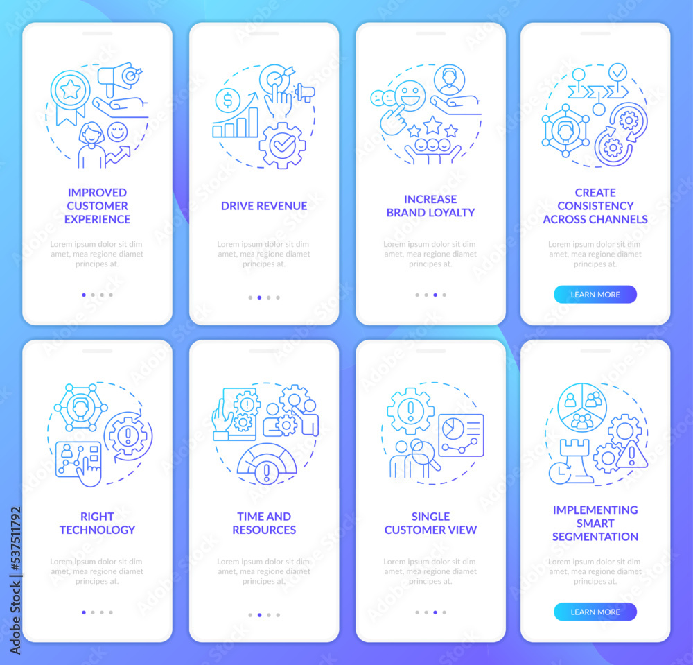 Fototapeta premium Personalized marketing strategy blue gradient onboarding mobile app screen set. Walkthrough 4 steps graphic instructions with linear concepts. UI, UX, GUI template. Myriad Pro-Bold, Regular fonts used