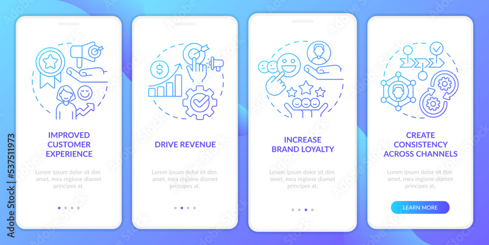 Personalized marketing achievement blue gradient onboarding mobile app screen. Walkthrough 4 steps graphic instructions with linear concepts. UI, UX, GUI template. Myriad Pro-Bold, Regular fonts used