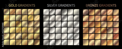 Gold, silver, bronze gradients vector. Metallic gradients set of vector color swatches. For Christmas cards, banners, fonts, New Year Eve party flyers, invitation design, medal, ribbon, certificate