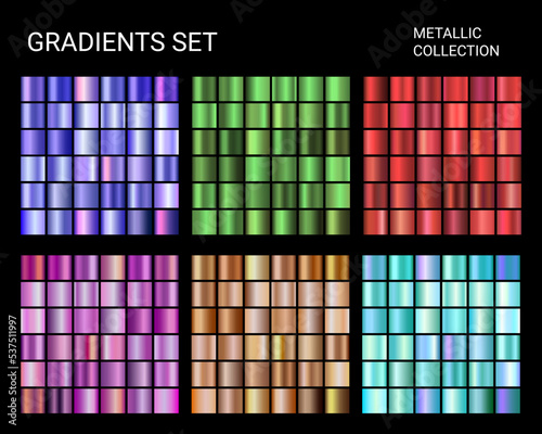 Vector Gradients Mega Set Big collection of chrome metallic gradients glossy colors backgrounds purple, blue, green, chrome, bronze, pink, red. Vector design
