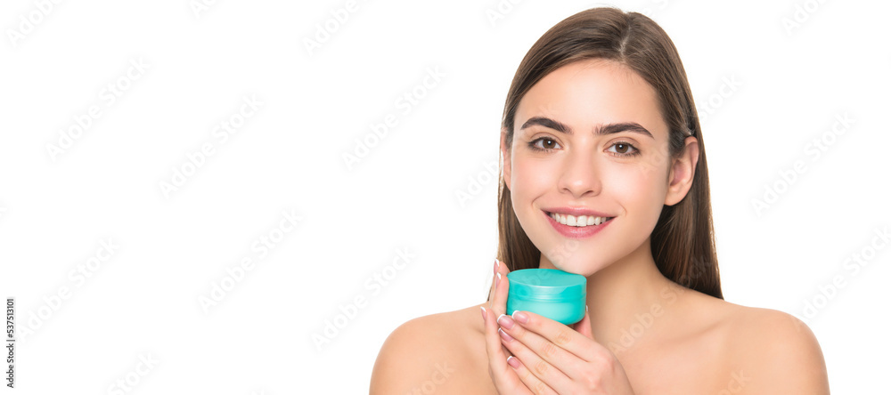 Woman beauty face, close up portrait, isolated banner with copy space. happy young lady hold cream jar for face skin isolated on white background, advertisement. Woman beauty face, close up portrait, isolated banner with copy space. happy young lady hold cream jar for face skin isolated on white background, advertisement.