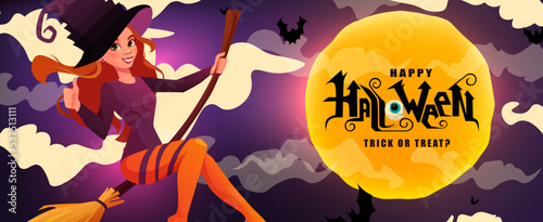 Halloween banner with redheaded witch flying on broom and hand lettering text. Cartoon vector illustration