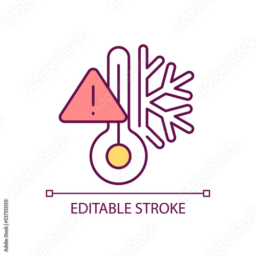 Warning about low temperature RGB color icon. Warming in cold freeze weather. Keep heat winter. Isolated vector illustration. Simple filled line drawing. Editable stroke. Arial font used