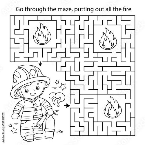 Maze or Labyrinth Game. Puzzle. Coloring Page Outline Of cartoon fireman or firefighter with a extinguisher. Fire fighting. Coloring book for kids.