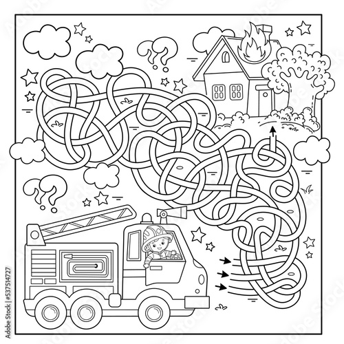 Maze or Labyrinth Game. Puzzle. Tangled road. Coloring Page Outline Of cartoon fireman or firefighter with fire truck. Fire fighting. Coloring book for kids.
