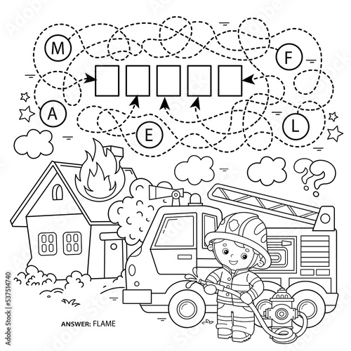 Maze or Labyrinth Game. Puzzle. Tangled road. Coloring Page Outline Of cartoon fireman or firefighter with fire truck. Fire fighting. Coloring book for kids.