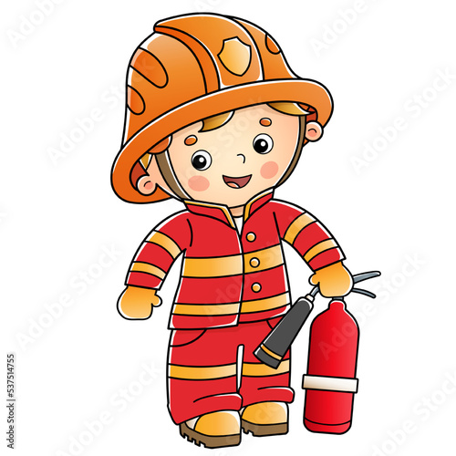 Cartoon fireman or firefighter with a fire extinguisher. Profession. Colorful vector illustration for kids.