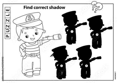 Puzzle Game for kids. Find correct shadow. Coloring Page Outline of cartoon sailor or seaman with spyglass. Profession. Coloring book for children