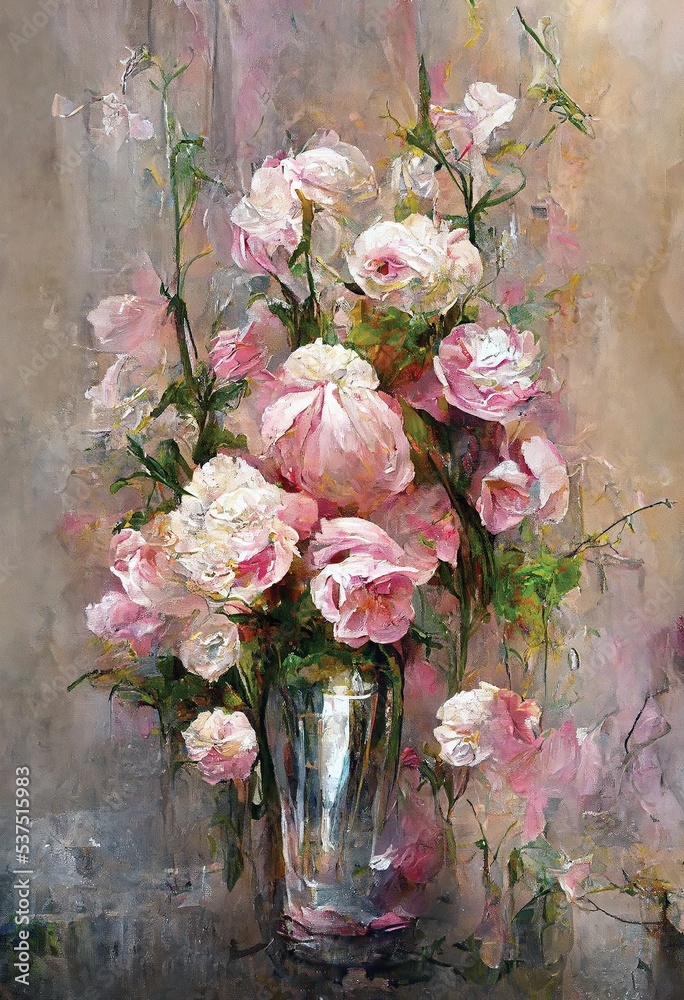 Beautiful pink roses in a vase, oil painting for print, garden flowers wall  art, digital art, printable home decor art, bedroom wall art Stock  Illustration | Adobe Stock