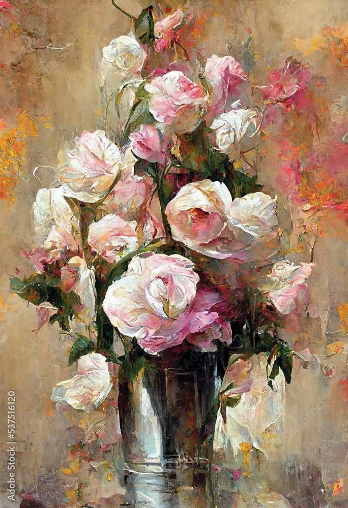 Pink roses flowers, oil painting, beautiful flowers bouquet in a vase, garden flowers wall art, digital art, printable home decor art, large artwork - obrazy, fototapety, plakaty 