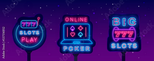 Casino neon signboards collection. Jackpot with seven numbers. Big slots emblem. Vector stock illustration