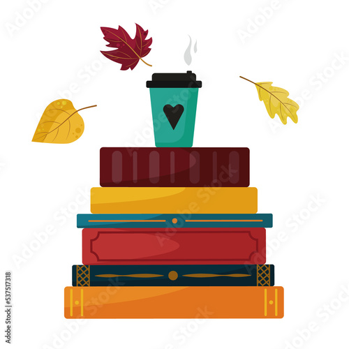 composition of books, coffee and autumn leaves in a flat style isolated on a white background. Suitable for illustrations of autumn in magazines, books, articles 