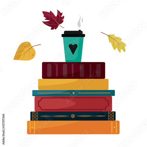 composition of books, coffee and autumn leaves in a flat style isolated on a white background. Suitable for illustrations of autumn in magazines, books, articles