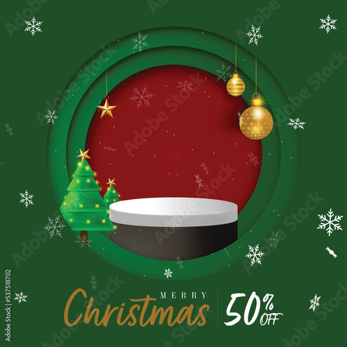 Christmas special product window and podium with festive decorations, baubles christmmas tree and podium