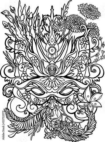 Vintage ornate mask and fantasy flowers and leaves. Coloring page antistress for children and adults. Vector illustration isolated on white background