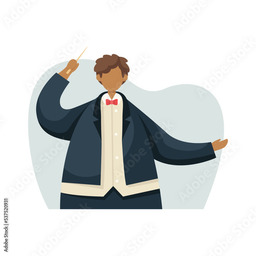 Vector illustration of a conductor in a tuxedo with a baton. Profession.