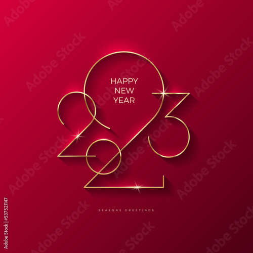 Golden 2023 New Year logo. Holiday greeting card. Vector illustration. Holiday design for flyer, greeting card, invitation, calendar, etc.
