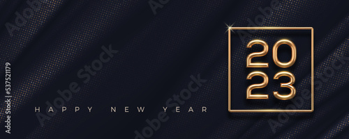 2023 new year golden logo on abstract black textile background. Greeting design with realistic gold metal number of year. Design for greeting card, invitation, calendar, etc.