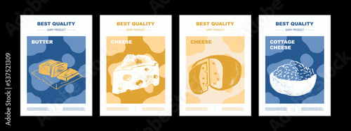 Hand draw vector set dairy products. Illustration of cottage cheese, cheese, butter, margarine. Design market farm product. Abstract Packaging poster Design Layouts 