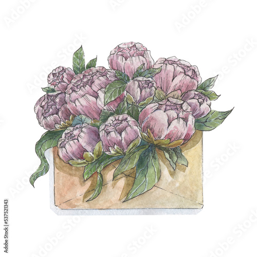 Envelope with a bouquet of delicate pink peonies. Watercolor illustration for valentine's day, birthday, romantic clipart