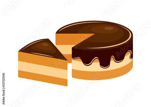 Boston Cream Pie icon vector. Vanilla sponge cake with chocolate glaze drawing. Delicious slice of cream cake with chocolate icing icon isolated on a white background
