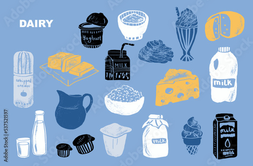 Hand draw vector set dairy products. Illustration of cottage cheese, milk, butter, cheese, sour cream, powdered milk,  ice cream. Yogurt, whipped cream for design market farm product. 