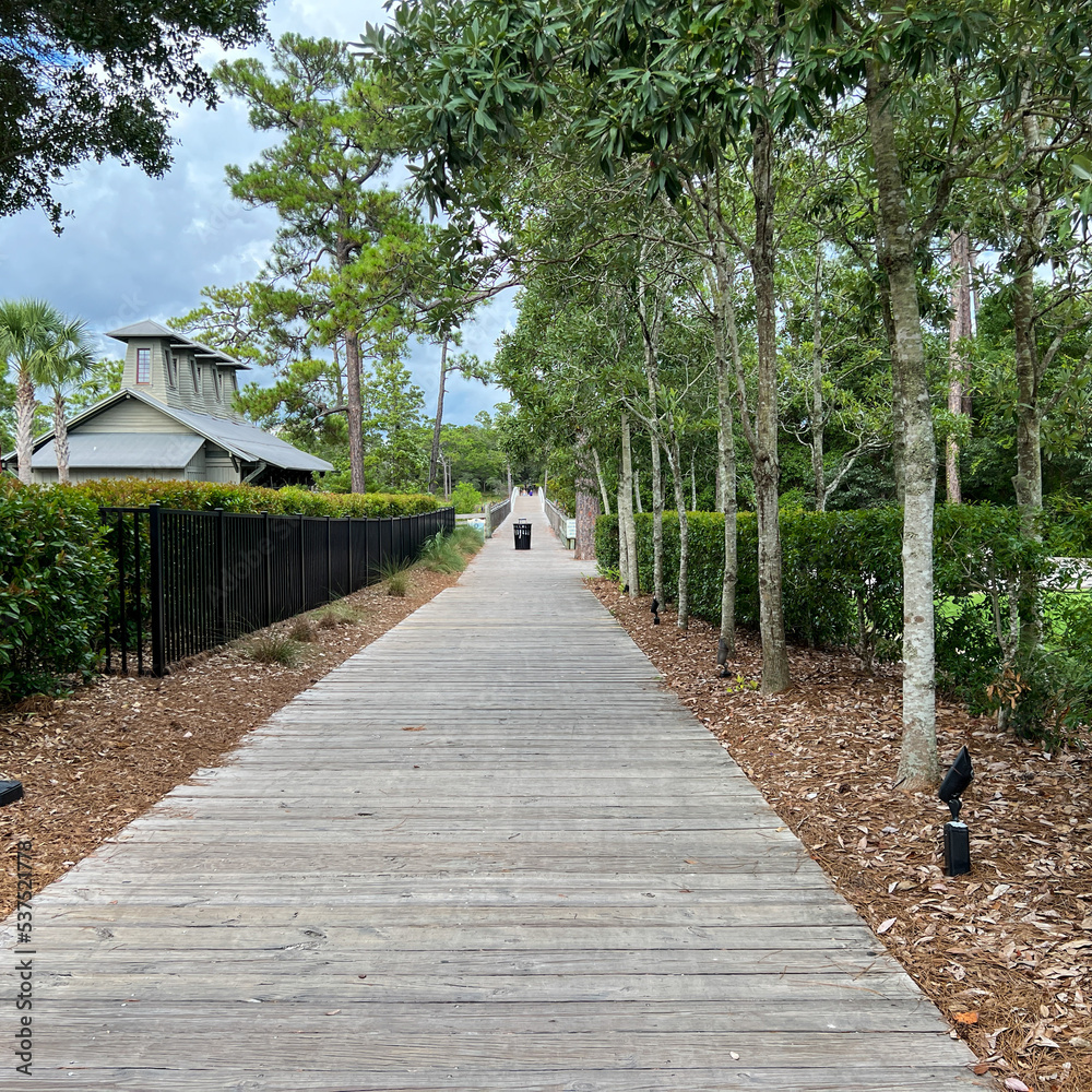 The wooden walking and bike trail in Watercolor, Florida.