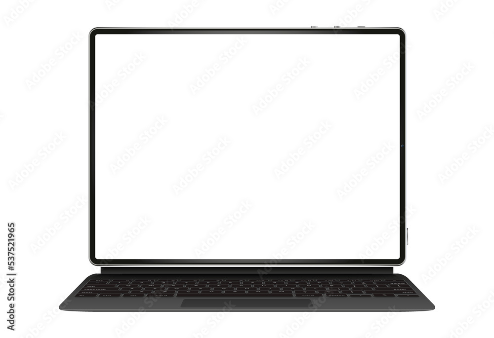 Realistic perspective front tablet with keyboard isolated incline 90 degree. Computer notebook with empty screen template. Realistic perspective front tablet with keyboard isolated incline 90 degree. Computer notebook with empty screen template.