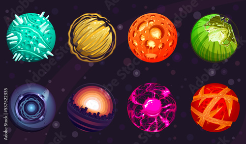 Vector space sci-fi set of planets on a dark background.