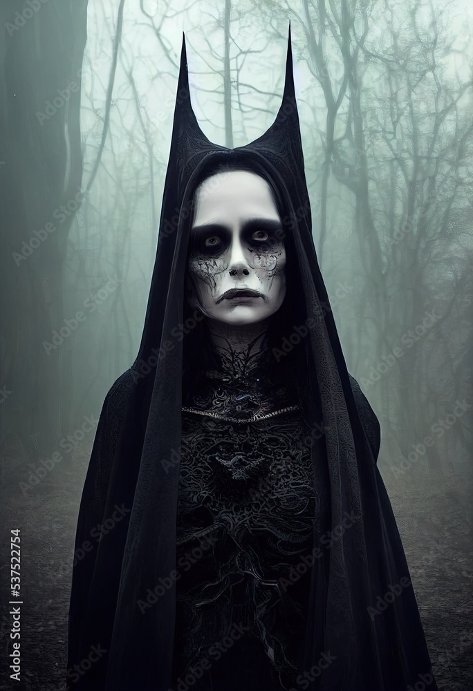 Mystical woman in a gothic costume of a medieval vampire against the  background of a dark forest. A gloomy, foggy evening forest. 3D render.  Stock Illustration