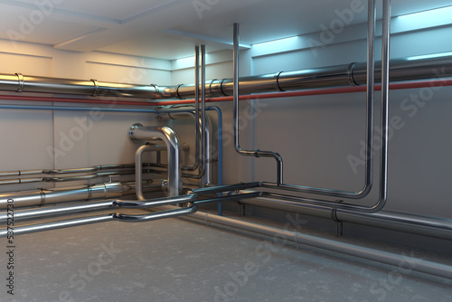 Boiler room. Gray boiler room without people. Room with pipes to provide heating to building. Steel boiler equipment. Pipeline for supplying hot water to house. Iron pipes along wall. 3d rendering