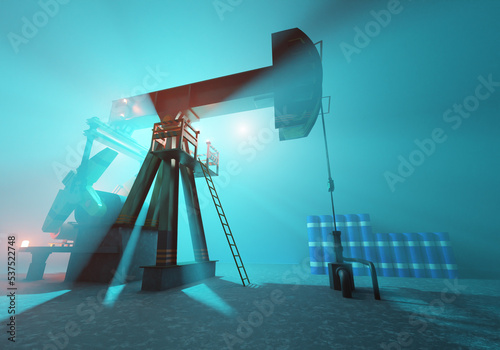 Deposits crude oil. Extraction oil for production of fuel. Pump for petroleum extraction in fog. Blue barrels fuel in distance. Oil derrick. Concept problems or uncertainty in fuel industry. 3d image photo
