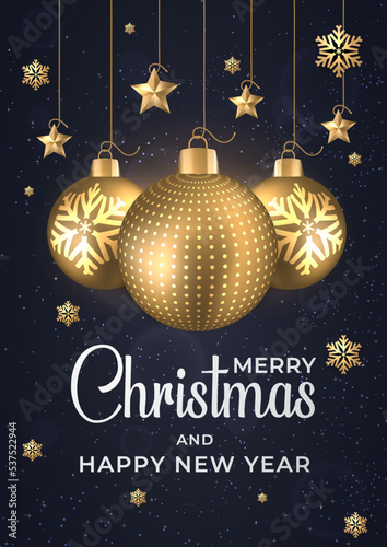 Merry Christmas and Happy new year poster template. Glowing lights stars bubbles for Xmas Holiday. Vector illustration template.