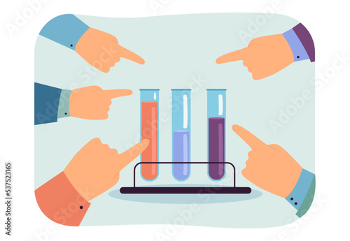 Fingers pointing at samples of different colors in test tubes. Attention of people to laboratory research flat vector illustration. Diagnostics concept for banner, website design or landing web page