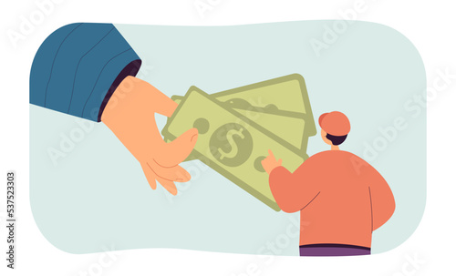 Hand giving cash money to tiny man. Gift or donation help with dollar bills to person flat vector illustration. Payment, charity, currency concept for banner, website design or landing web page