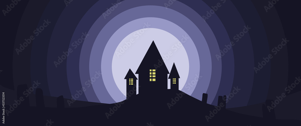 Lonely house in the middle of graves illustration, halloween theme illustration. Perfect for halloween invitation, halloween card, illustration, background, banner.